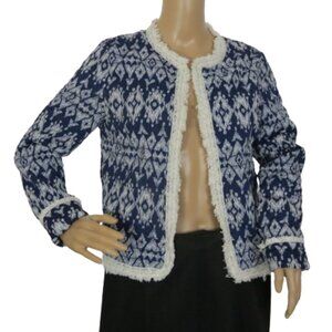 Atmosphere Ikat Pattern Blue Jacket with Fringe Trim